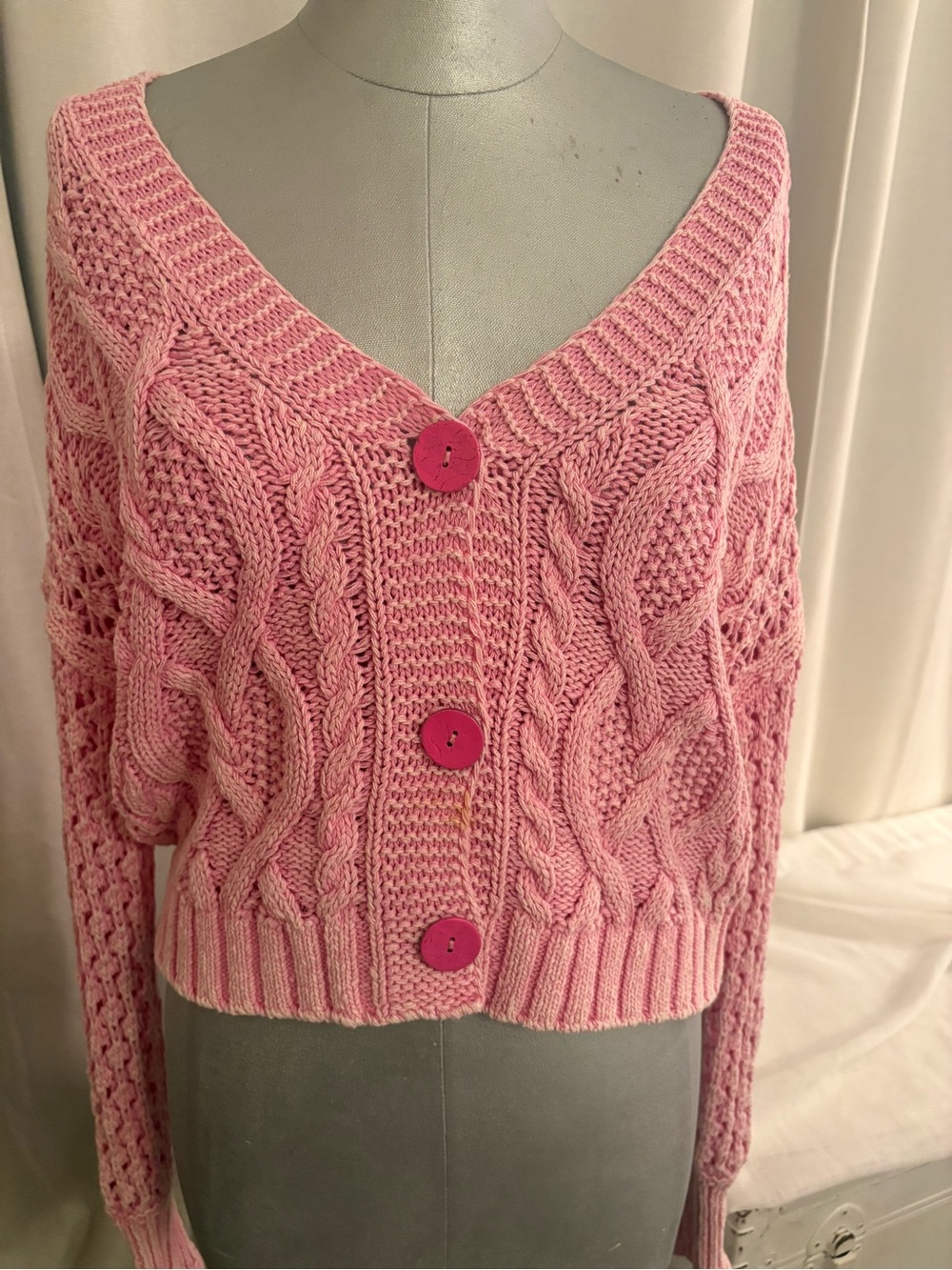 Pilcro Anthropologie Pink Cable Knit Cropped Cardigan Cotton Coquette  Y2K Sz XS - Picture 2 of 12